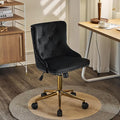 VINGLI Black Velvet Armless Home Office Desk Chair with Gold Base/Wheels, Small Cute Vanity/Makeup Chair with Back for Bedroom, Upholstered Adjustable Rolling Swivel Nail Chair for Women/Girls