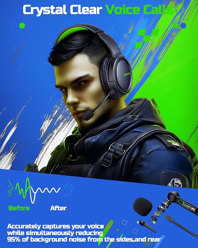 BINNUNE Wireless Gaming Headset for Xbox Series X|S & Xbox One, Low Latency Wireless + Bluetooth, Flip-to-Mute Noise Cancelling Mic, 50mm Drivers, 40H Battery, Over-Ear Headphones
