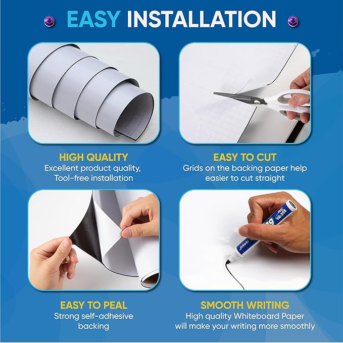 Large Magnetic Whiteboard Board for Wall - Dry Erase Board Flim 100" x 48" Adhesive Backing & No Ghosting White Board Sheet for Conference Room Office Home Include Starter Kit