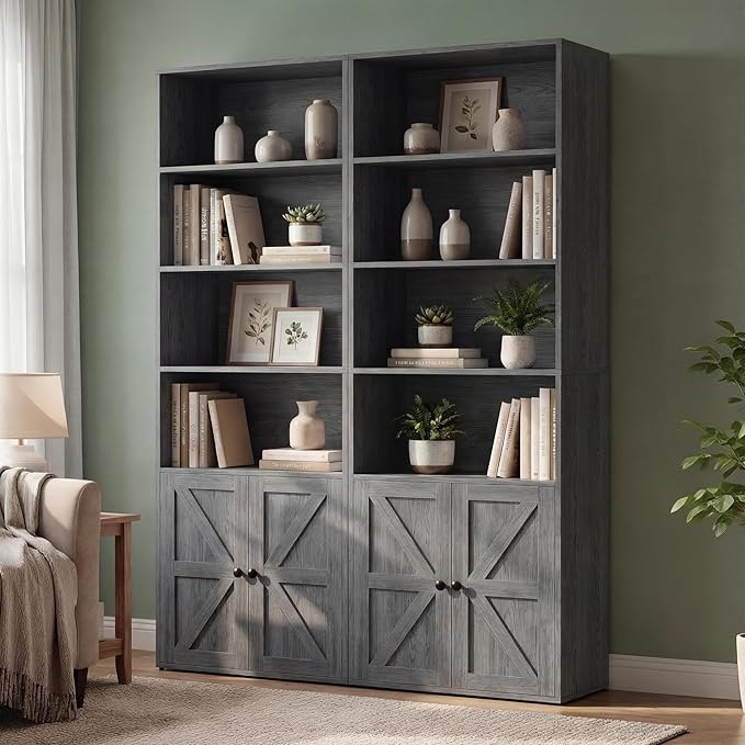 YESHOMY Farmhouse Bookshelf and Bookcase with Doors, Industrial Bookshelves and Bookcases Floor Standing Display 6-Tier Shelf Storage Shelves 71.5 inchs for Home Office, Living Room, Gray, 2 PCS