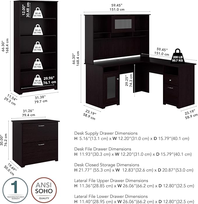 Bush Furniture L Shaped Desk with Hutch, 5 Shelf Bookcase and Lateral File Cabinet | Cabot Collection Corner Computer Table with Storage and Bookshelf | 60Wx23DX37W