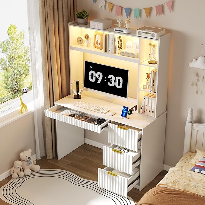 Lvifur LED Study Desk - with Hutch & Storage Cabinet,Home Office Desk with Outlet and 3 Color LED and Card-Based Lock,Writing Desk Computer Desks for Studyroom,Ideal for Office Set,White