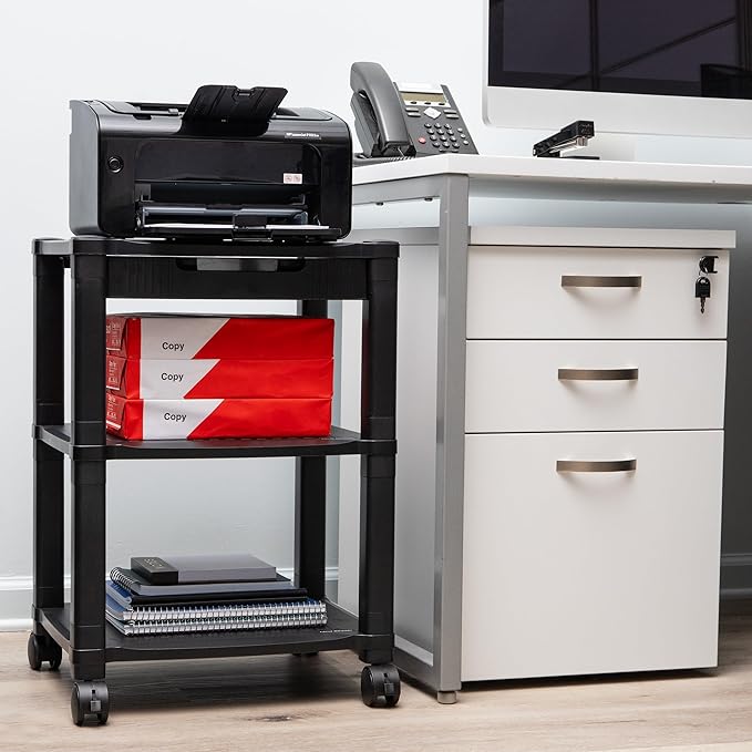 Mind Reader Compact Rolling Printer Cart, Utility Stand with Wheels and Drawer, Space Saving Printer Stand for Home Office, Adjustable 2 or 3 Tier, Black