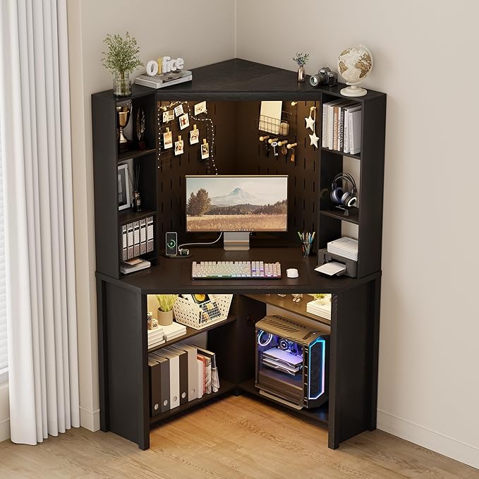 Lvifur Corner Computer Desk with LED Lights, L Shaped Study Desk with Hutch & Shelves, Triangle Home Office Desk with Charging Station for Work & Study, File Cabinet Bookshelf for Small Space (Black)