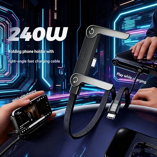2-In-1 Invisible Holder Charger Cable–240w Fast Charging Cord With Built-In Phone Stand, Multi Invisible Stand Charging Cable, Type-C & Folding Phone Holder 5ft To Smartphones Tablets (3PC,C-C)