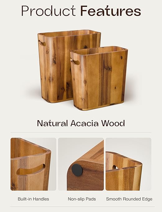 TIDITA Set of 2 Acacia Wood Waste Basket for Bedroom - Small Wooden Trash Can for Bathroom, Rustic Bathroom Decor - Waste Paper Basket with Handle, 2PCS Wood Trash Can, Office Trash Cans for Near Desk