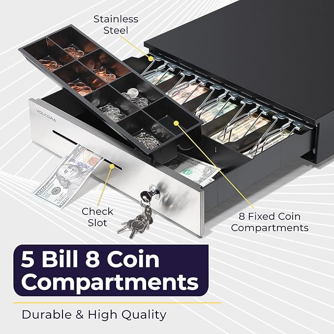 Manual Push Open Cash Register Drawer with Under Counter Mounting Metal Bracket - 16" Black/Stainless Steel Front Cash Drawer for POS, Partial Removable 5 Bill 8 Coin Tray, Key Lock, Media Slots