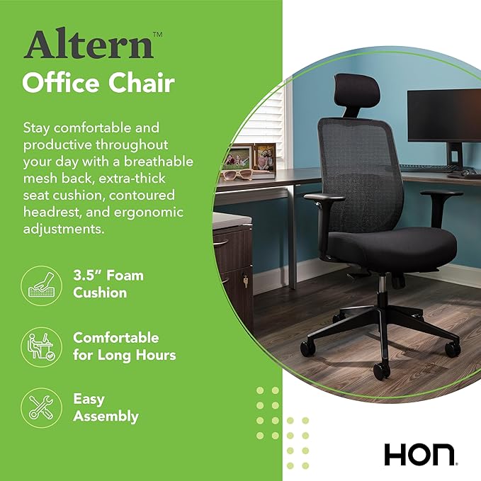 HON Altern Ergonomic Office Chair with Headrest, Arms, Wheels, Foam Cushion Seat, Mid Back Home Office Desk Chair Comfy, Gaming Chair, Height Adjustable Arms, Synchro-Tilt, Black Frame, Indigo