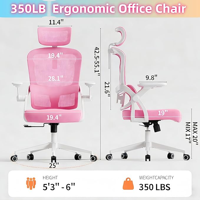 Ergonomic Office Chair - 350LB Comfy Desk Chairs with Adjustable Headrest and Lumbar Back Support, Mesh Computer Chairs with Wheels and Arms for Home Office, Study