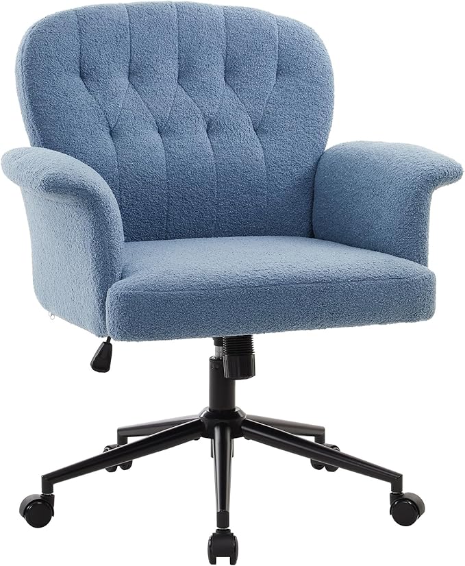 IWMH Home Office Desk Chair, Teddy Fabric Cozy Desk Chair with Wheels and Arms, Modern Upholstered High Back Wide Seat Vanity Chair for Bedroom Living Room Makeup (Blue)
