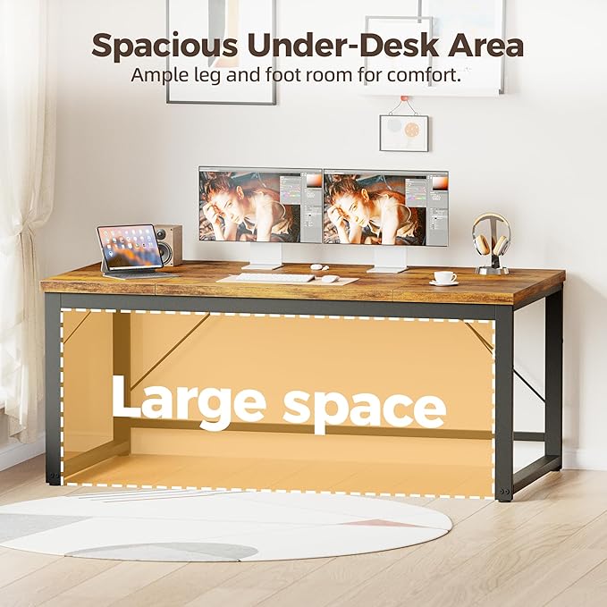 Mericonia 63 Inch Large Computer Desk, 1" Thick Heavy Duty Industrial Office Desk, Modern Simple Study Writing Table for Home Office Bedroom Workstation, Brown