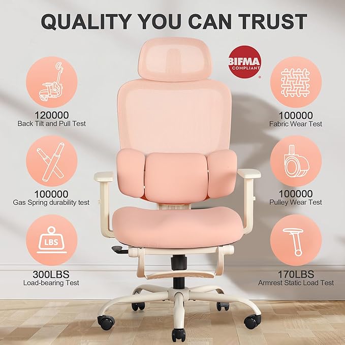 Ergonomic Office Chair with Footrest, Mesh Desk Chair with Adjustable Headrest & Armrests & Dynamic Floating Wing Lumbar Support, High Back Computer Chair for Home Office, BIFMA Certified, Pink