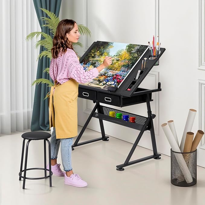 Drafting Table Drawing Desk Art&Craft Work Station Height Adjustable Tilting Tabletop Craft Table Desk w/Stool and 2 Storage Drawers for Home Office Study Room, Black