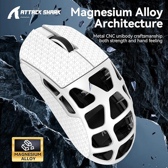 ATTACK SHARK R3 46g Superlight Magnesium Alloy Wireless Gaming Mouse, BT/2.4G/Wired Computer Mouse, 8KHz Polling Rate, PAW3395 26K DPI Sensor Programmable Mice Griptape for PC/Laptop/Mac (White)