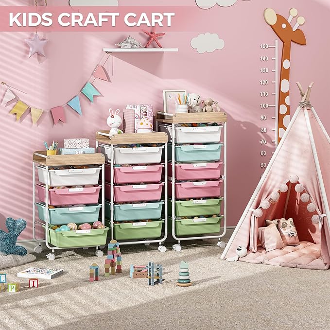 SYKIARIOL Rolling Storage Utility Cart with 6 Drawers,Art Supply Craft Organizer,Sewing Makeup Organizer and Storage,Office Organization Wooden Tabletop,Dark Pink Blue