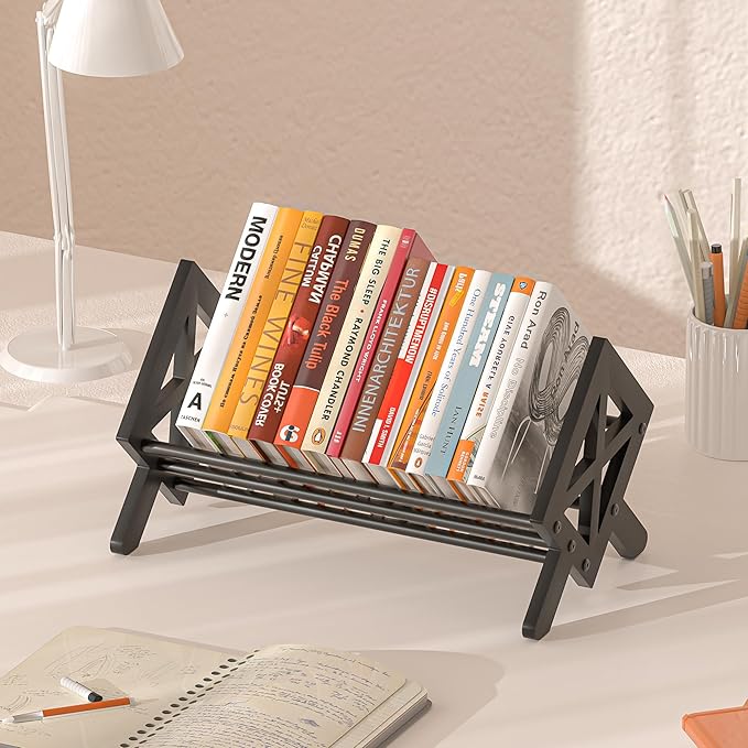 Desktop Bookshelf Organizer, Wood Office Tabletop Book Storage Rack, Tilting Bookcase for Books/CDs/Magazine Display (Pure Black)