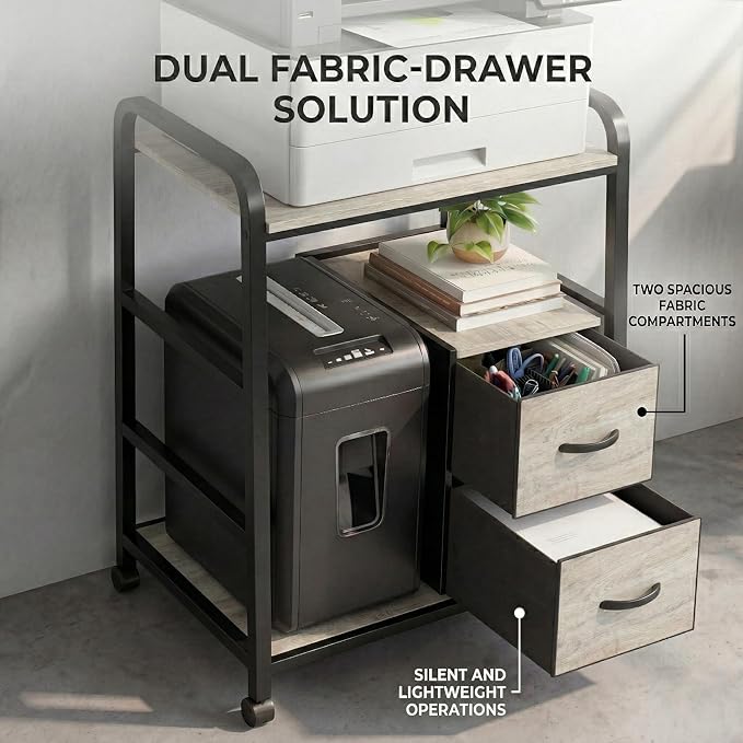 Printer Stand Featuring Fabric Drawers, Under Desk Host Computer Cabinet and Shredder Shelf, Heavy Duty Printer Stand with Storage Workstation Organization Printer Table for Home Office