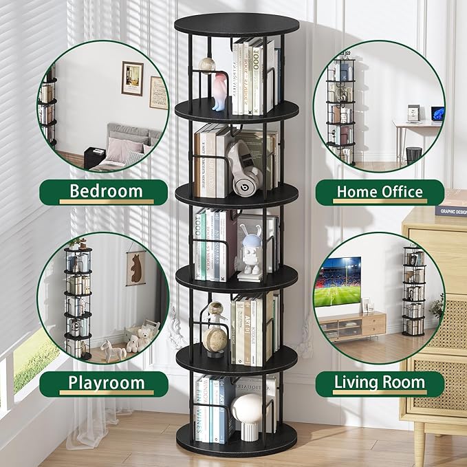 5Tier Rotating Bookshelf, Spinning Bookshelf Tower,360 ° Display Space Saving Standing Round Swivel Bookcase Corner Storage Organizer for Bedroom Living Room Office，Black