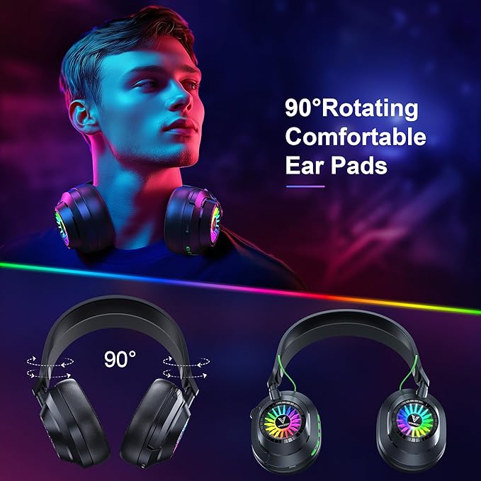 Vakedy HW10 Wireless Gaming Headset for PS5, PS4, PC, Switch, Mac, 2.4GHz Wireless Gaming Headphone with Flip Noise Canceling Mic, 50H Battery, 50mm Drivers, RGB Lights (Cool Black)