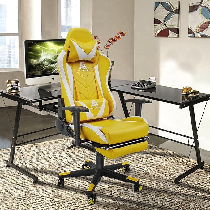 AA Products Gaming Chair - High Back Ergonomic Racing Chair with Footrest, Lumbar Support & Swivel - YellowWhite