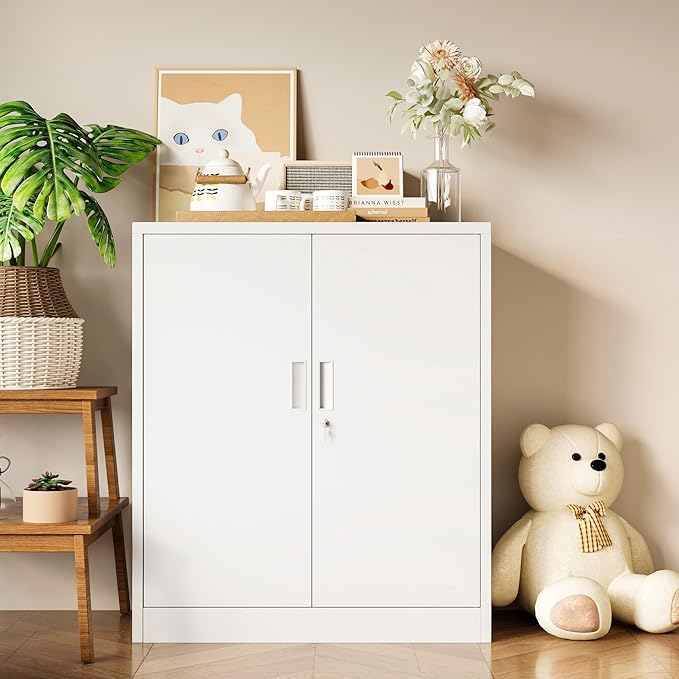 Metal Storage Cabinet, 36" H Locking Storage Cabinet, Metal Cabinets with Doors and 2 Adjustable Shelves for Home, School, Office, Garage, White