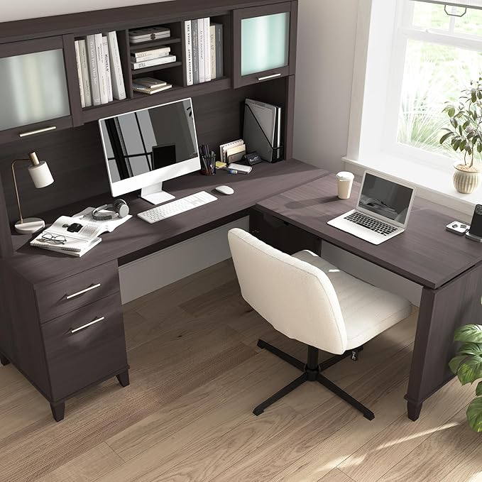 Bush Home Somerset 72W 3 Position Sit to Stand L Shaped Desk with Hutch in Storm Gray | Adjustable Height Table for Home Office