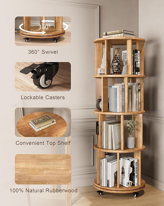 IUNVR Rotating Bookshelf, 4 Tier Solid Wood Bookshelf Tower with Lockable Wheels, 360° Spinning Revolving Bookcase for Small Spaces, Corners, Bedroom, Kids Room, Home Office, Natural