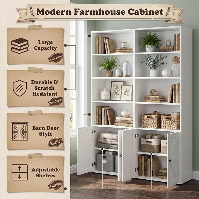 YESHOMY Farmhouse Bookshelf and Bookcase with Doors, Industrial Bookshelves and Bookcases Floor Standing Display 6-Tier Shelf Storage Shelves 71.5 inchs for Home Office, Living Room, White, 2 PCS