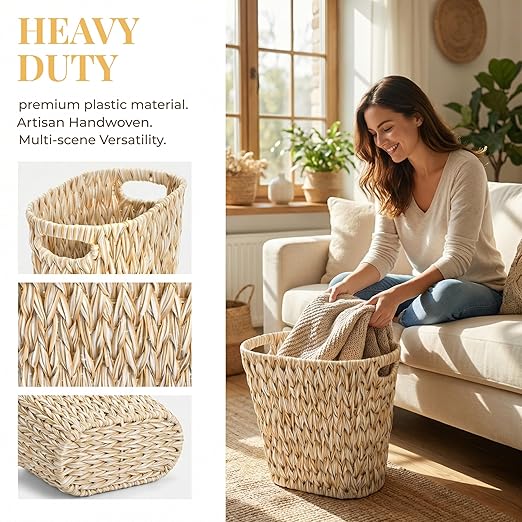 Pumtus Woven Trash Can, Waterproof Plastic Handwoven Waste Basket with Built-in Handles, 5 Gallon Bathroom Bedroom Garbage Container, Decorative Boho Storage Bin for Office, Kitchen, Laundry, Dorm