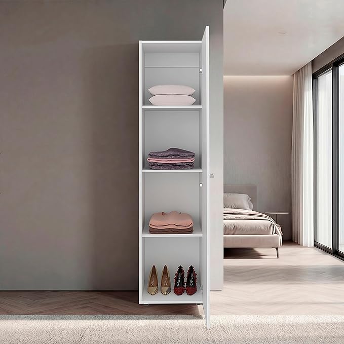 White Storage Cabinet with Mirror Full-length mirror on the door adds convenience for quick outfit checks and full-body views positioned directly beside hanging garments and shelves Quick-access sto