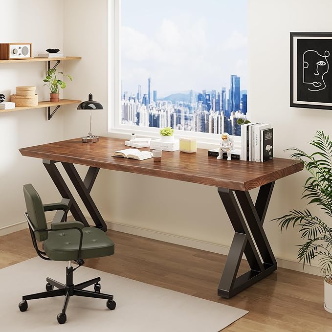 Solid Wood Desk 71 Inches, Live Edge Wooden Home Office Computer Desk Metal Frame Modern Simple Design Executive Real Wood Desk for Writing Study Dining Gaming