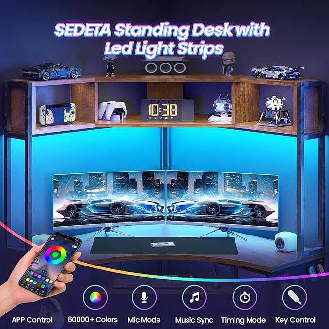 SEDETA Corner Desk, Small Computer Desk with Hutch & LED Lights, Triangle Corner Computer Desk with Keyboard Tray, Storage Bag, and Headphone Hook for Small Space, Home Office Desk, Rustic Brown