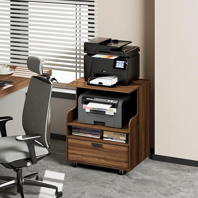 Rolling Printer Stand with Drawer and 3-Tier Storage Shelves, Mobile Wood 3D Printer Cart Under Desk with Wheels, for Home Office Small Spaces Organization, Walnut