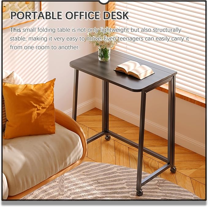 4NM 23.6" Mobile Small Folding Desk, Foldable Rolling Computer Home Office Desk, Study Writing Table for Small Space Saving Bedroom, with Wheels - All Black
