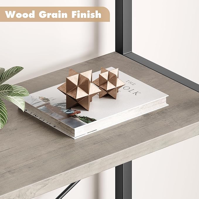 IDEALHOUSE Bookshelf 5 Tier Bookcase Arched Display Racks Tall Standing Bookshelves Metal Frame Modern Storage Rack Shelf Large Wood Book Shelf for Bedroom, Living Room, Home Office (Grey)