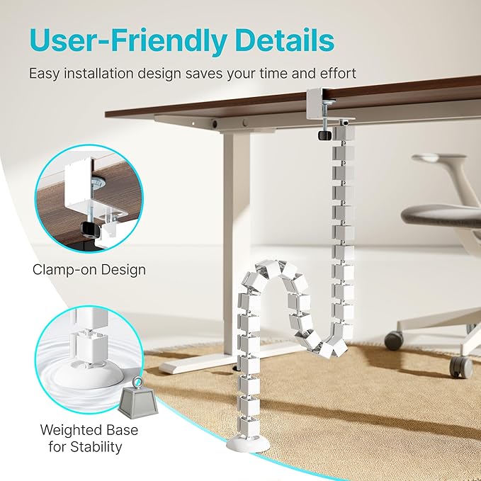 PEGZONE Under Desk Cable Management Spine – Flexible Cable Snake Organizer for Standing Desk, No Drill Clamp-on Vertebrae Wire Management for 0.4"-2" Table, White