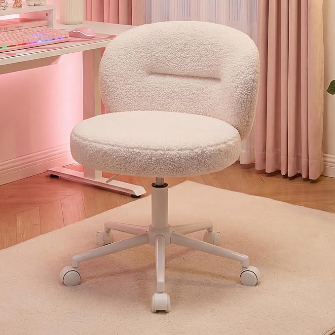 Homkdom Small Round Vanity Chair with Wheels, Armless Home Office Desk Chairs with Back, Height Adjustable & 360° Swivel, Cute Comfy Vanity Computer Chair for Bedroom, Home Office, White