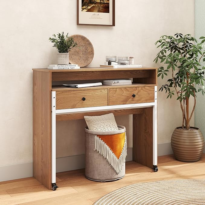 Giantex Small Computer Desk with Hutch & Drawers, Extendable Writing Desk w/Pull Out Secondary Table, Monitor Stand & Rolling Wheels, Console Table, Compact Desk for Small Spaces (Natural)