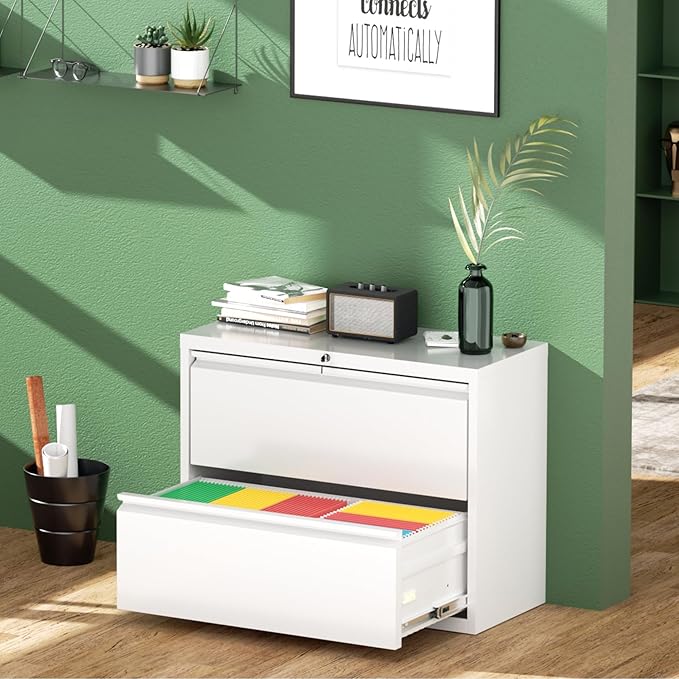 Greenvelly 2 Drawer File Cabinet, White Lateral File Cabinet with Lock, Filing Cabinet for Home Office, Lockable File Cabinets for Legal/Letter/A4/F4 Size with Hanging Files&Key