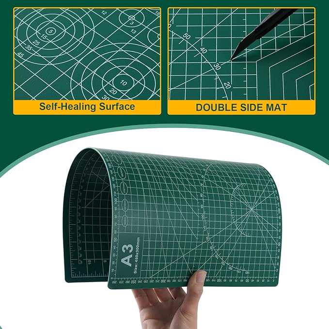 A3 Self Healing Cutting Mat Set, 5 Pack Double-Sided PVC Cutting Mats for Crafts with Inch, Metric, and Angle Guides for Sewing, Quilting, and DIY Cutting