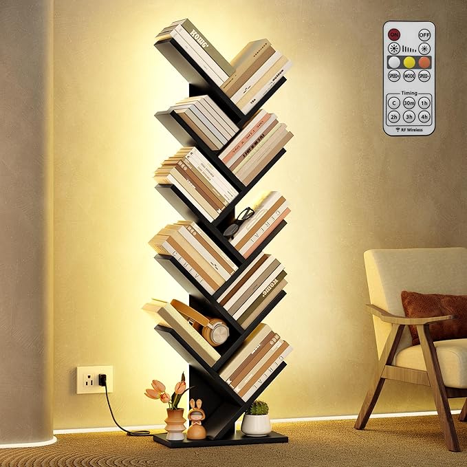 Hoctieon 10 Tier Tree Bookshelf, Tall Bookcase, Freestanding Book Shelf with LED Lights, Display Floor Standing Storage Shelf, Book Organizer Shelves for Home Office, Living Room, Black
