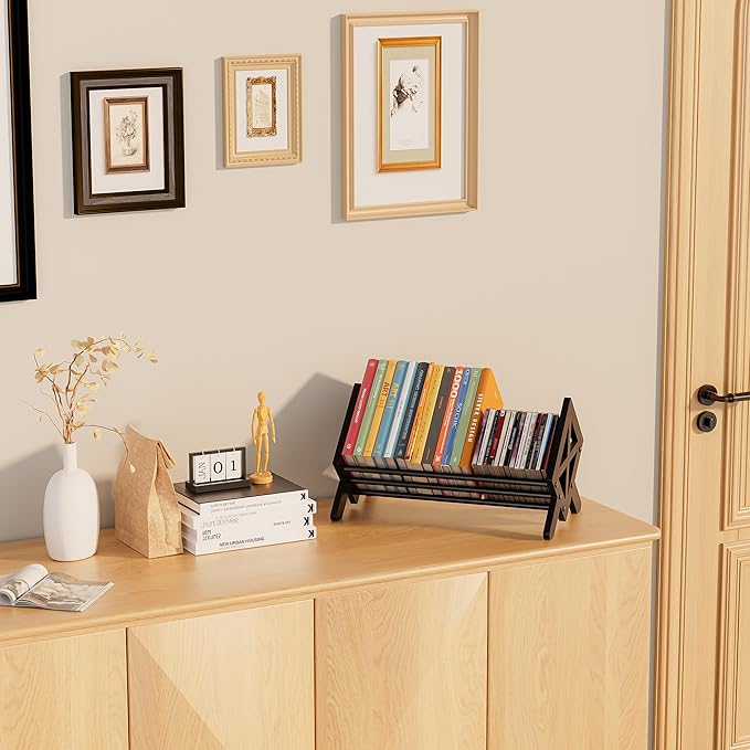 Desktop Bookshelf Organizer, Wood Office Tabletop Book Storage Rack, Tilting Bookcase for Books/CDs/Magazine Display (Pure Black)
