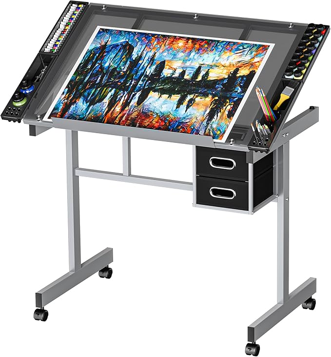 ZENY Drafting Table on Wheels with Storage Drawers, Adjustable Glass Tabletop, Craft Table Drawing Desk Artist Hobby Table for Painting, Drawing, Crafting