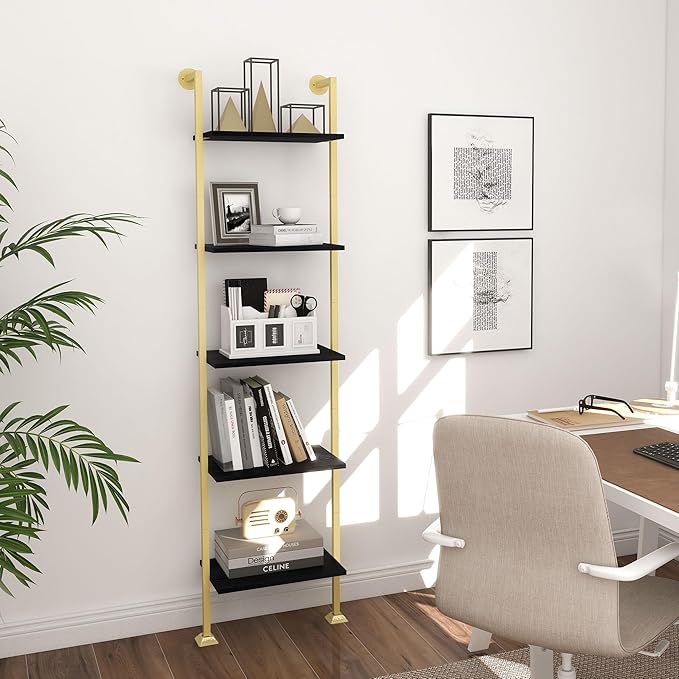 Axeman 5-Tier Ladder Bookcase, Tall Narrow Bookshelf for Small Spaces, Modern Book Storage Organizer Case Open Shelves for Bedroom, Living Room, Office, Library, Gold Metal Frame and Blakc Shelf
