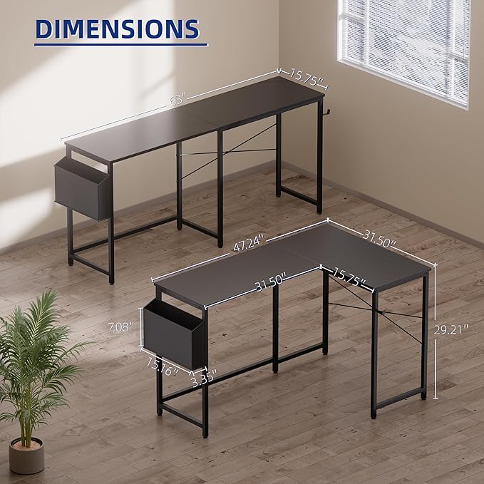Pamray 47 Inch Reversible L Shaped Gaming Desk Corner Computer Desk with Storage Bag Home Office Table for Writing Study Marble