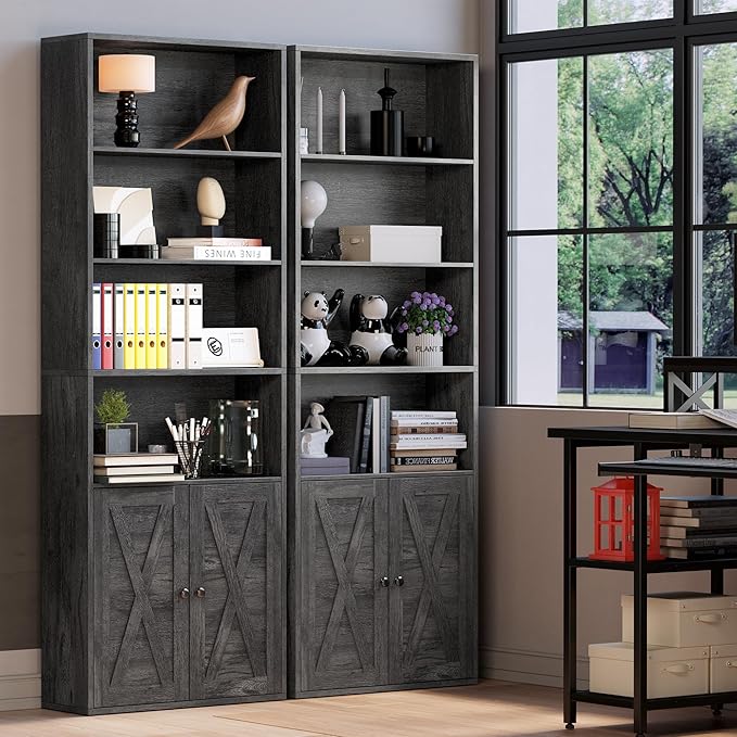 IRONCK Industrial Bookshelves and Bookcases with Doors Floor Standing 6 Shelf Display Storage Shelves 70 in Tall Bookcase for Home Office, Living Room