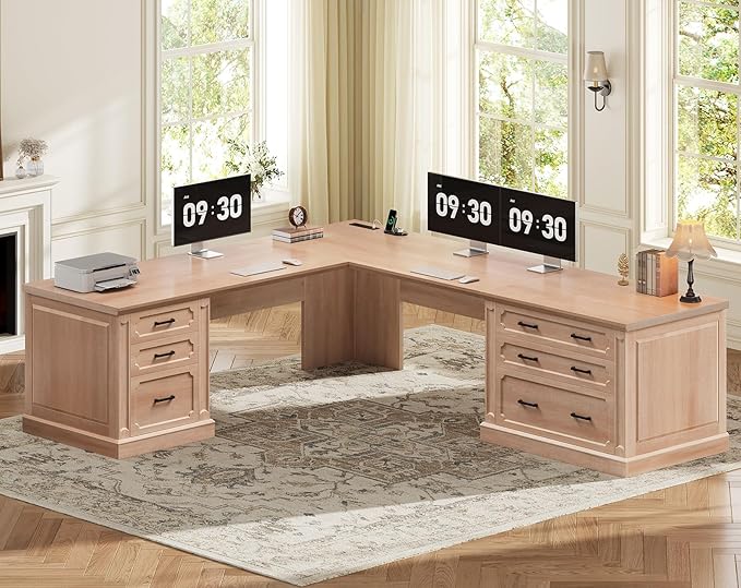 SEDETA Farmhouse 78.7" Executive L Shaped Desk with 6 Drawers, Home Office Desk with Power Outlet, File Cabinet Storage, Wood Corner Computer Desk for Work and Study, Oak