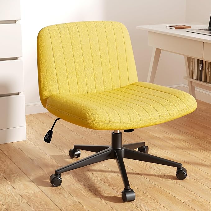 Meilocar Criss Cross Chair with Wheels, Cross Legged Office Chair, Armless Office Chairs Adjustable Height Swivel Tilting Fabric Vanity Chairs for Home Bedroom (Yellow)
