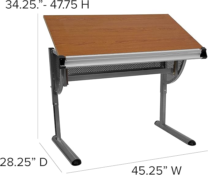EMMA + OLIVER Adjustable Drawing and Drafting Table with Pewter Frame