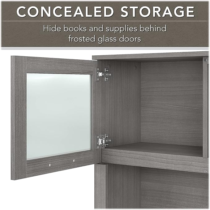 Bush Furniture Somerset 72W 3 Position Sit to Stand L Shaped Desk with Hutch and Bookcase in Platinum Gray